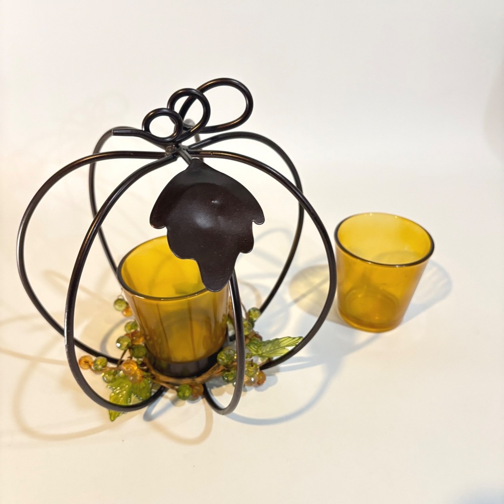 Metal Pumpkin Votive Candle Holder Amber Glass Fall Harvest Decor Set of 2 Cups